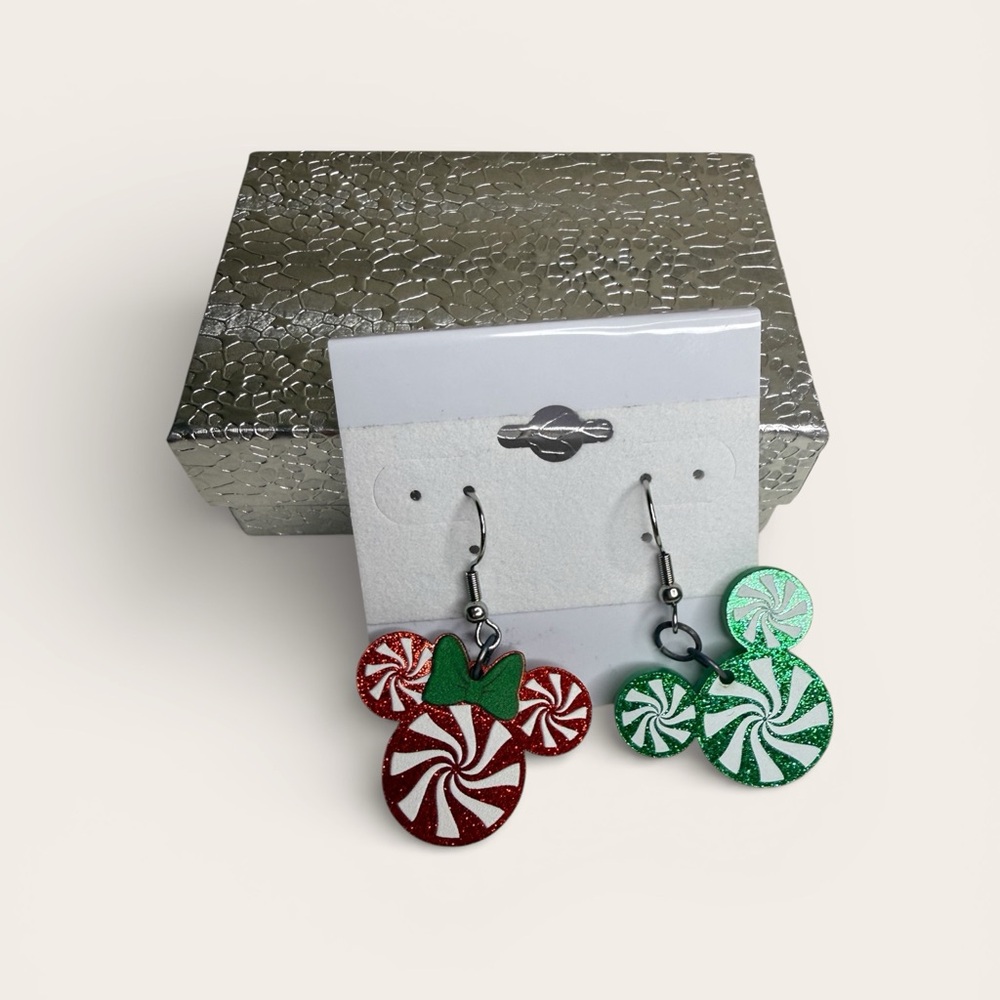 Festive Red and Green Peppermint Mickey and Minnie Earrings